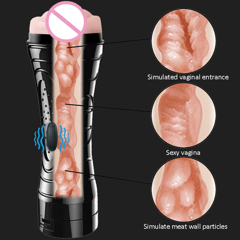 Vibrating Male Masturbation Sex Machines Toys for Men Erotic Masturbator Cup Realistic Vagina Pocket Pussy Blowjob Stroker - The Gadget Shack Shop